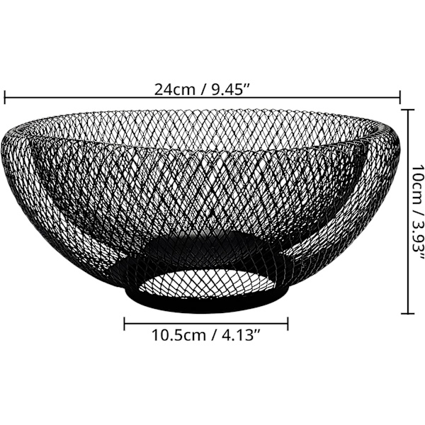 Sort Metal Trådkurv til Frugt - 24 cm / 9,45 tommer - Dekorativ Opbevaringsskål til Frugt, Grøntsager & Brød - til Køkkener