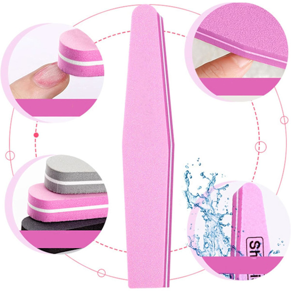 Set med 10 Nagelfilar, 100/180, Dubbelsidiga Nagelfilsbuffert, Block för Gel, Nagelfil, Professionell Polering, Tvättsbara och Återanvändbara