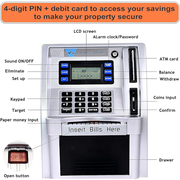 Pounds Version Elektronisk ATM Opsparingsbank Digital Pengeboks Maskine, Elektronisk Pengekasse, Stemmeprompt, Møntgenkendelse Silver black