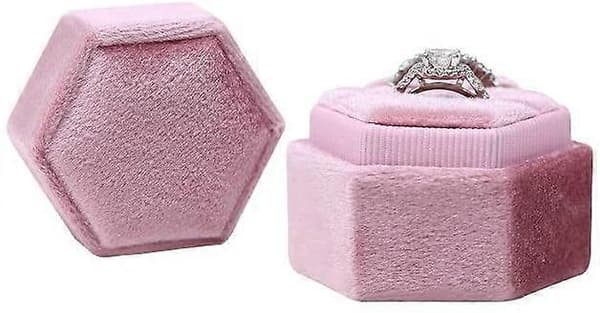 Hexagon Sammet Dubbla Fack Ring Arvegods Låda Förlovningsring Låda (Rosa)