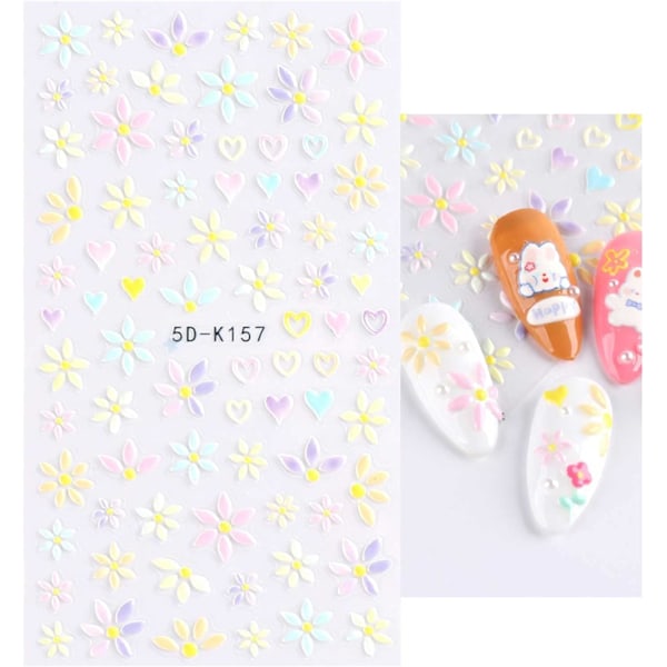 3D Preget Vårblomster Neglekunst Klistremerker Dekaler 5 Ark 5D Selvklebende Fargerik Blomst Blomster Negleutstyr Neglekunst Design