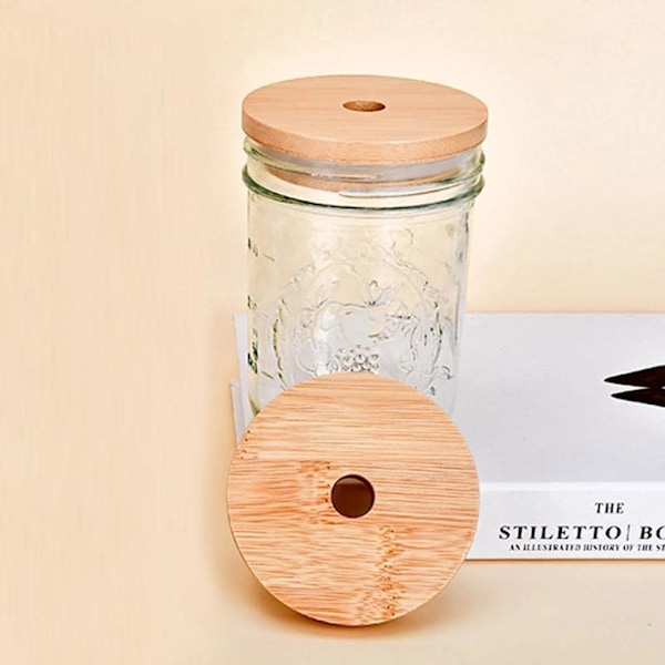 4-pack 86 mm bred öppning Bambu Mason Jar Lock med Sugrörshål Återanvändbara Bambulock Läcksäkra Glas Konserverings Dricksförvaringsburkar Lock