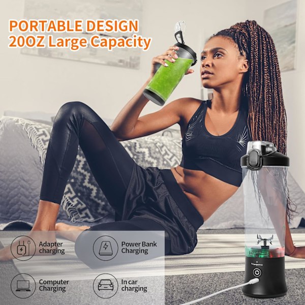 Bärbar Blender Smoothie Maker, 600ml Personlig Blender, 150W Mini Blender USB Laddningsbar med 6 Blad