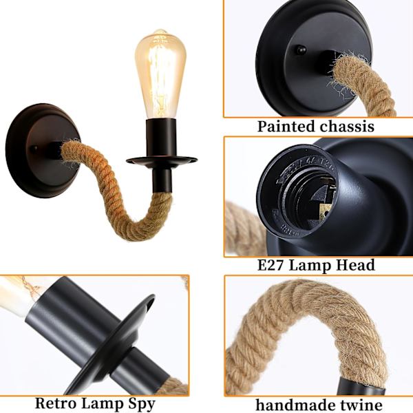 2-pack vägglampa, E27 hamparep retro justerbar vägglampa för korridor vardagsrum sovrum café bar loft (glödlampa ingår ej)