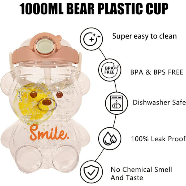 1000ml Vannflaske med Straw, Bæreflaske med Skulderstropp Bærbar Søt Drikkflaske for Skole Reise (Ingen klistremerker)