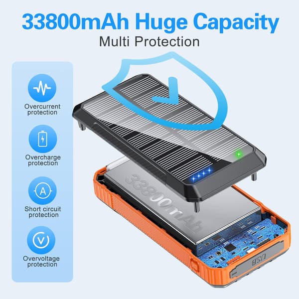 Solar Power Bank Trådløs Oplader 33800mAh Orange