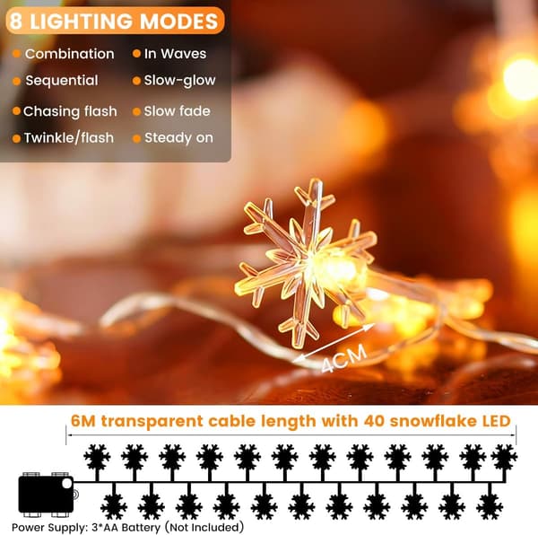Snöflinge-ljusslinga, 6M 40 LED batteridriven – Jul-ljusslinga för träd, sovrum, trädgård, bröllop, barnrum