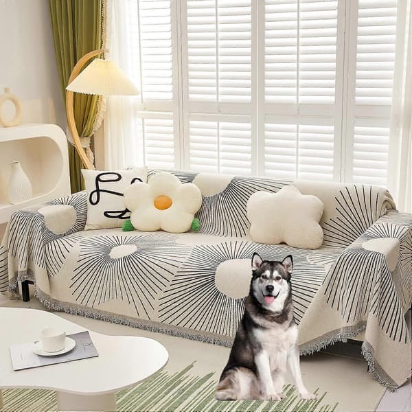 Minimalistisk Chenille Sofabetræk til Hunde og Katte - Sort og Beige - Jacquard Sofabeskyttelse - Multi-brug - Vaskbar - Loveseat Sofabetræk - 1