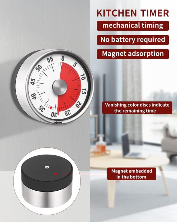 Kökstimer, 60 minuters analog visuell timer, mekanisk påminnelse för barn och vuxna (1 st, vit)