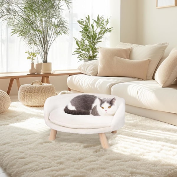 Kattesofa Stol Seng med Aftagelig Vandtæt Måtte - Hævet Plys Pels Hunde Killing Sofa med Træben Ramme (Dia 35cm)