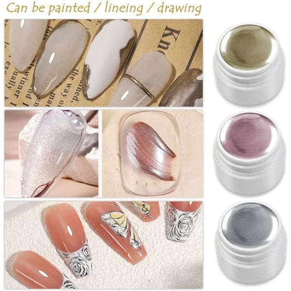 Metallic Målad Gel Nagellack, 3 Färger Nagelkonst Kreativ Elastisk Metallic Målad Lim Nagellack Hem DIY Manikyr Gyllene Silver Roséguld
