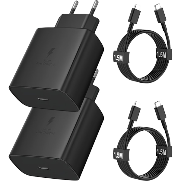 45W USBC Hurtiglader Android Telefonlader med Type-C Kabel for Samsung Galaxy S24 S23 S22 S21 Ultra/ A53 A54/A73/note/iphone15/ipad 2PC,black 2m data cable
