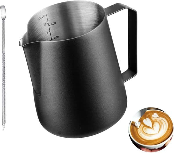 600 ml mælkeskummerkande i rustfrit stål; velegnet til espresso-dampning, samt til opskumning af mælk eller piskning af fløde