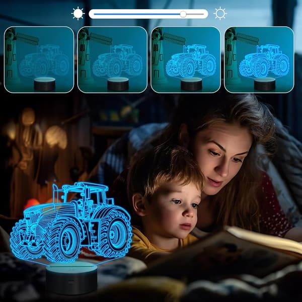 Traktor 3D Illusjon Nattlampe, 16 Fargeskiftende Dimbar Hologrambelysning, Timer Leke USB-Lading
