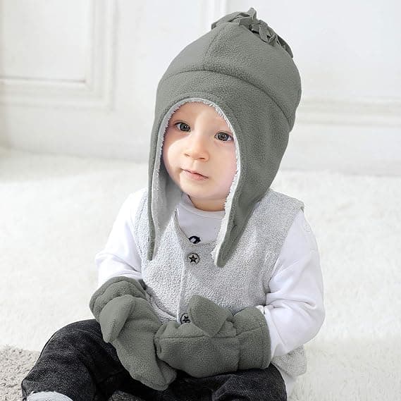 Baby Fleece Mössa Varm Öronlapp Barnmössor Småbarn Pojkar Vintermössa och Vante Set