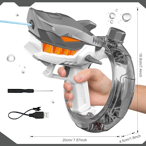 Elektrisk Vattenpistol, Haj Automatisk Vattenpistol med Ringvattenbehållare, Vattenpistol Leksak för Barn (Grå)