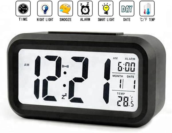 Digital väckarklocka med LED-display, temperatur, snooze, smart ljusstyrkesensor för sovrum, hemmakontor och resor (svart)