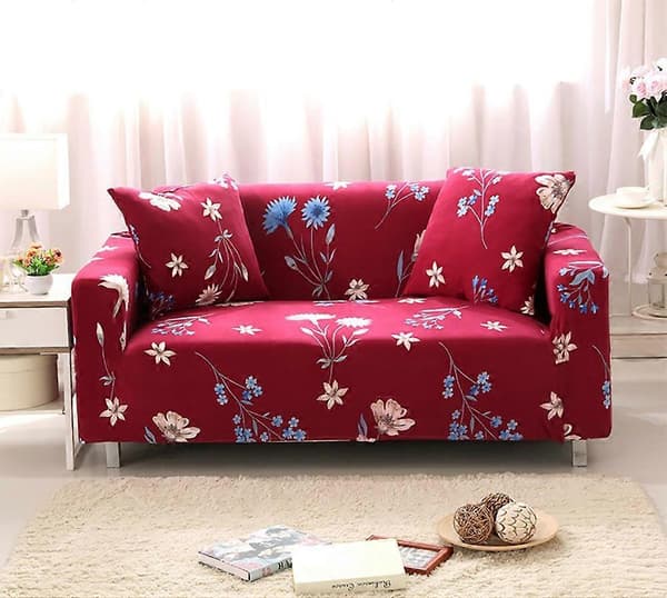 Sofatrekk for 2-seters sofa, stretch, rød blomst