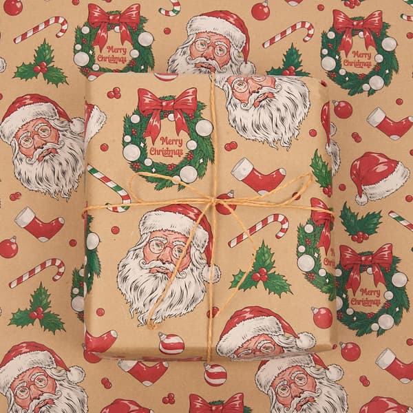 3 m rulle julklappspapper, 43 cm återvinningsbart kraftpapper med tryck av jultomten