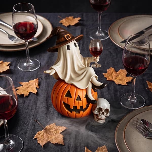 Sjov Halloween Dekorationsfigur, Heksespøgelse siddende på græskar, Efterårsornament til Halloweenfest
