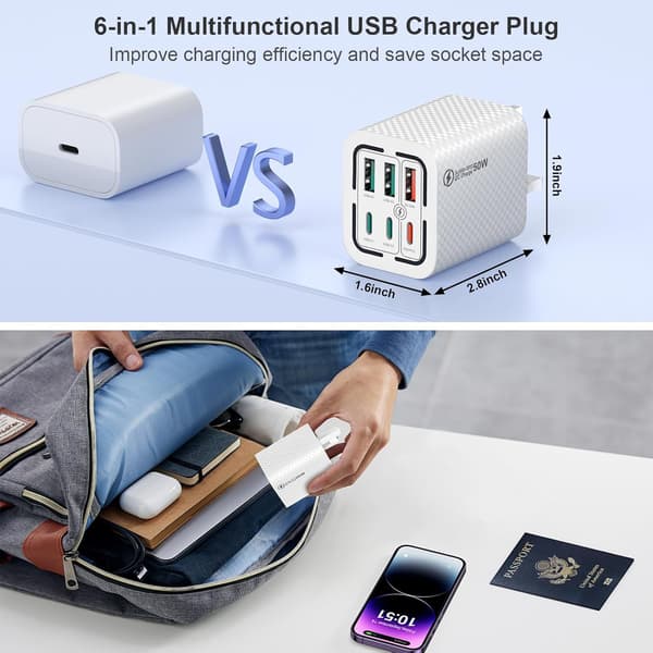 50W USB C Plugg Hurtiglading 6-Port Multi USB Lader Plugg Hurtigladeplugg