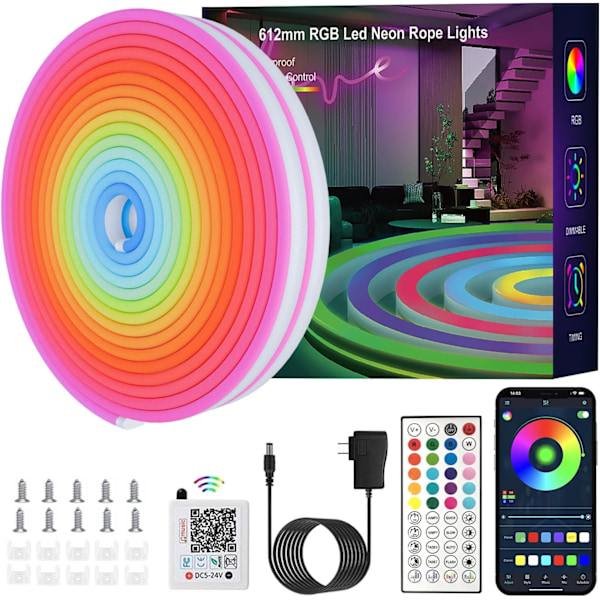 50FT LED-ljusremsor, RGB-neonrep, IP67 utomhus vattentät, med APP-kontroll/IR-fjärrkontroll, klippbar, för sovrum, spelrum