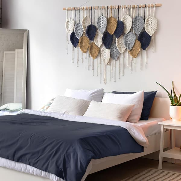 Macrame Väggbonad Stor Gobeläng Vävd Väggbonad Boho Macrame Blad Väggdekoration Fjäder Chic Vävd Konst White-navy-khaki-gray
