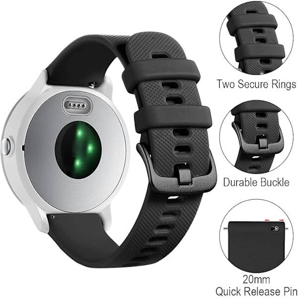 20 mm rem til Garmin Vivoactive 3/3 Music/Venu/Venu 2 Plus/sq/sq 2/Forerunner 245/645/55, blød silikone udskiftningsrem til ur