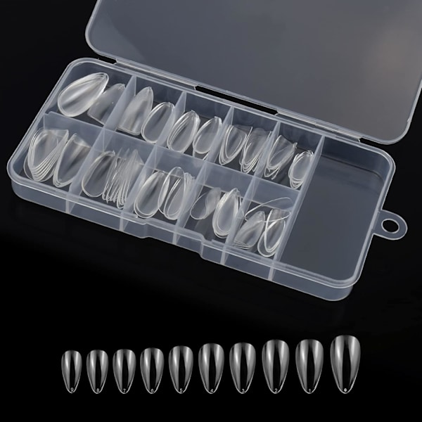 100 st Klar Falska Naglar med Förvaringsfodral - Fulltäckande Kista Naglar i 10 Storlekar för Nagelsalonger och DIY Nagelkonst, (Mandel, Klar)