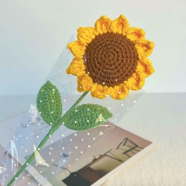 Virkade Blommor, 1 St Stickade Konstgjorda Ull Solrosor för Flickpresent Mors Dag Alla Hjärtans Dag Bröllopsbukett Årsdag