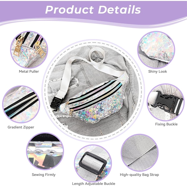 Holografisk Bumbag Mode PU Läder Midjeväska Vattentät Neon Fanny Pack för Resor Löpning Vandring silver