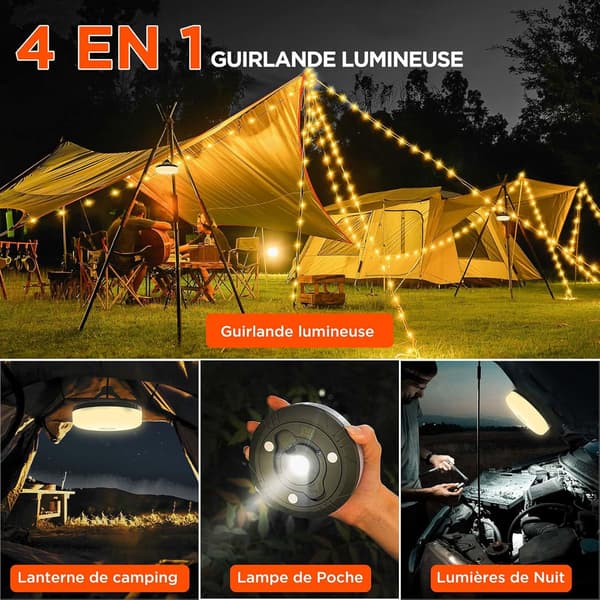 Camping Lyskæde, 8 Tilstande, 2000mAh, Holder Op Til 14 Timer, 4 i 1 Bærbar Genopladelig Udendørs Lysskæde.