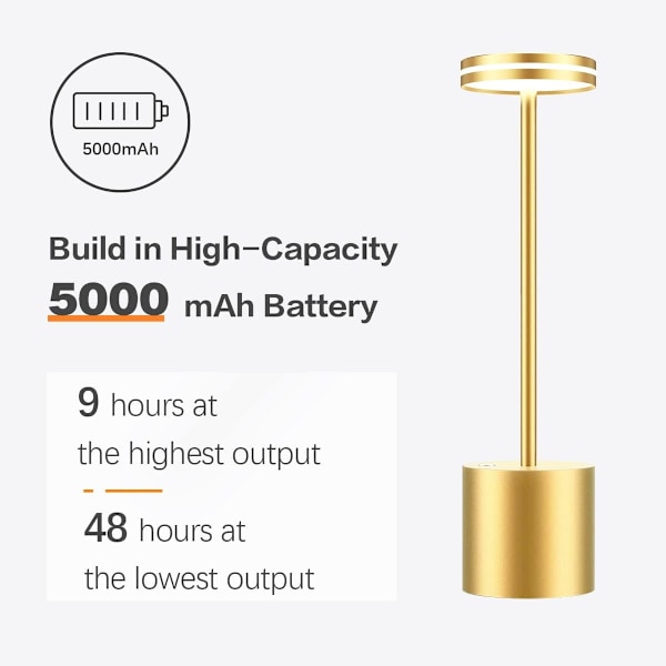 2 Pakk Oppladbar Trådløs LED Bordlampe, 5000mAh Batteridrevet Bordlampe, 3 Fargemoduser, Dimbar, USB Skrivebordslampe – Gull
