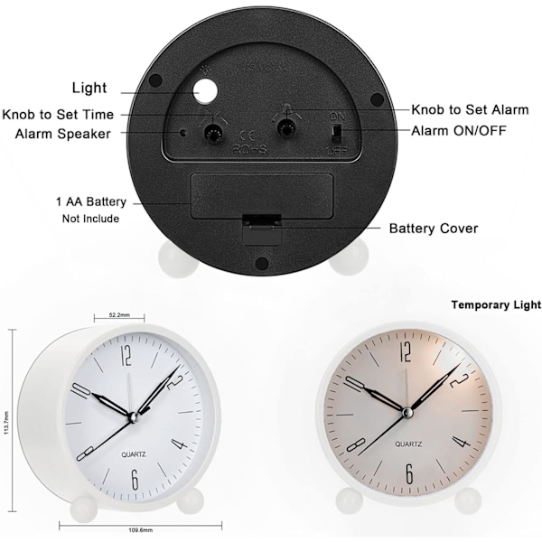 Väckarklocka, Super Tyst Tickfri Liten Klocka med Nattlampa, Batteridriven, Enkel Design, Hög Larm för Sovrum