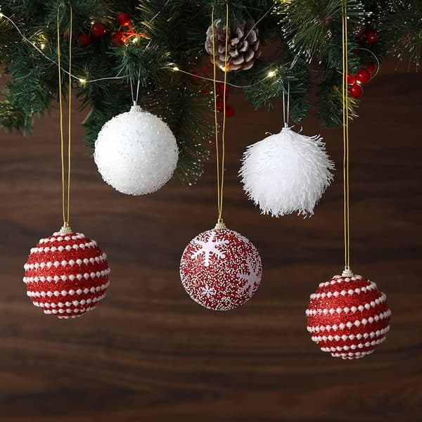 Julekulesett med 16 stk, 6 cm, rød og hvit, glitrende, knussikre skumkuler, julepynt, festpynt