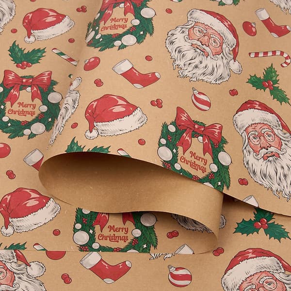 3 m rulle julklappspapper, 43 cm återvinningsbart kraftpapper med tryck av jultomten