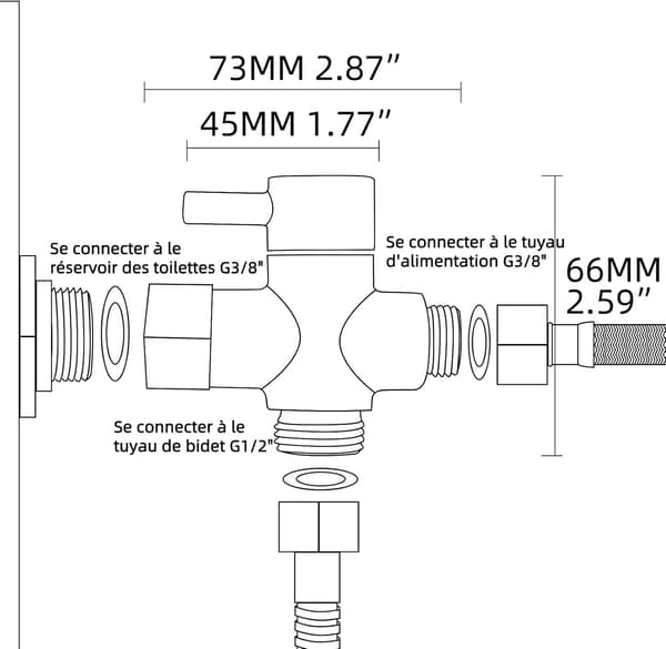 3-vejs omskifter i messing, afspærringsventil 3/8”-12/17 adapter til toiletvandledning, sort