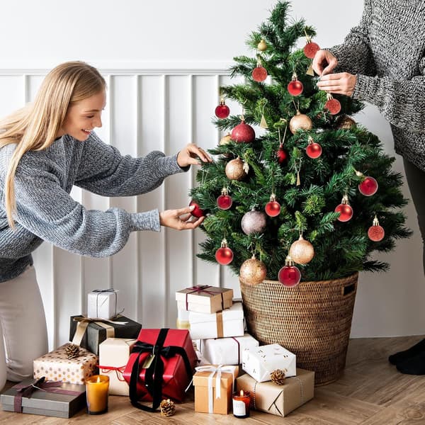 Sett med 24 Mini Knusefrie Julekuler Trepynt Festdekorasjon, 3cm/1.1'' (Rød) red