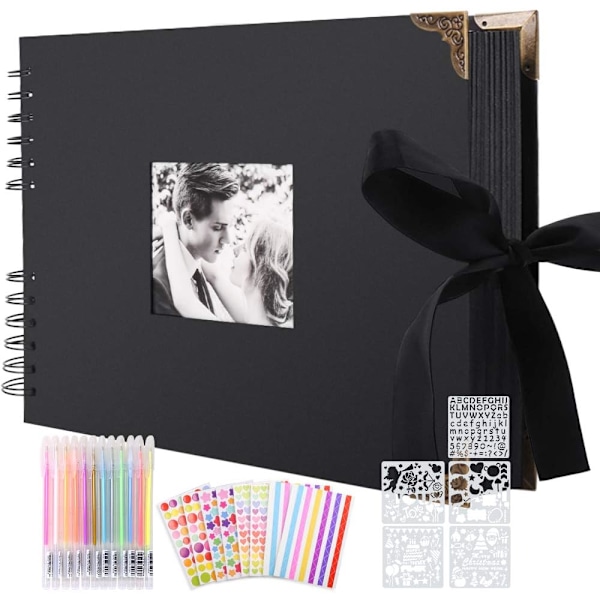 DIY Fotoalbum 80 Svarte Sider Scrapbooking Vintage Baby Familie Minnebok (Svart - 29 x 21.5 cm)