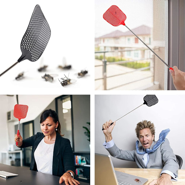 Uttrekkbare Fluesmekkere 2-pakning, med Teleskopisk Håndtak i Rustfritt Stål 28,5 cm til 75 cm (Svart & Rød)