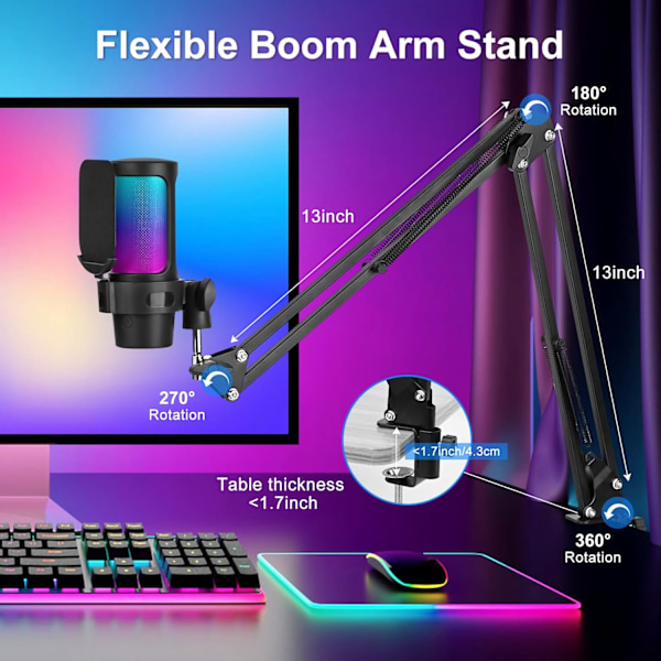 USB Gaming Mikrofon, RGB Kondensatormikrofon, med Arm, til Mac PS4 PS5, Streaming Spil Podcasts