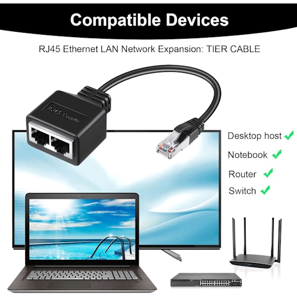 RJ45 Splitter Adapter, RJ45 Kobling, LAN RJ45 Ethernet Splitter 1 til 2 Kabel Adapter, Splitter Adapter