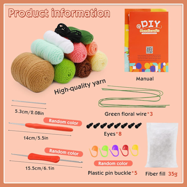 Heklesett for nybegynnere for DIY håndverk med heklekroker, garn, polyesterfiberfyll, stingmarkører og instruksjon