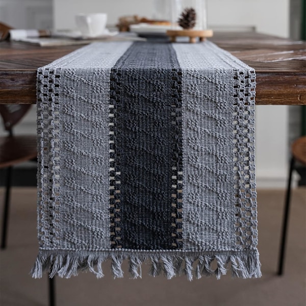 Macrame Bordlöpare Vävd Rustik Bordlöpare Bomull Linne Boho Stil Bordlöpare med Fransar för Matbord (Grå, 30x180cm)