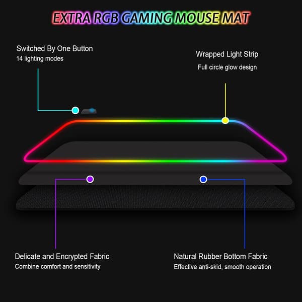 Gaming musemåtte (800 x 300 mm), 14 LED-lyseffekter, vandafvisende, ideel til gamere