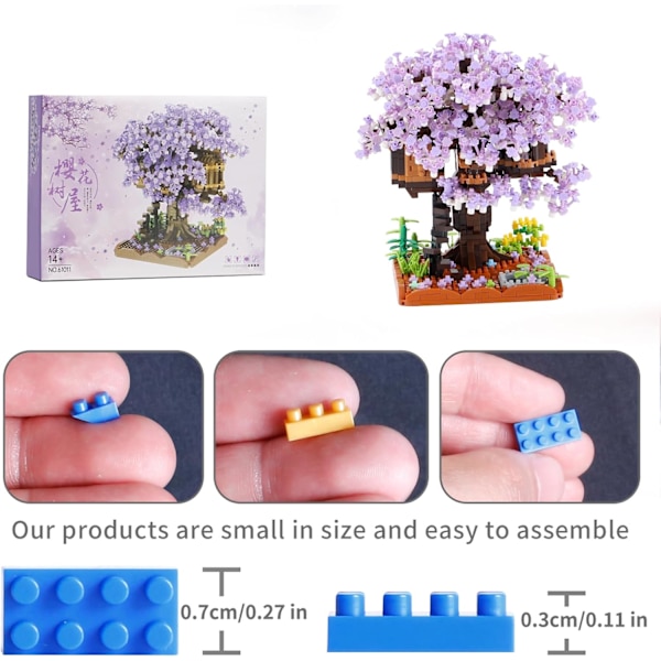 Körsbärsblomsträd Hus Byggstenar Set, 2000+ PCS Konstgjord Bonsai Träd Kit, Nano Växt Blommor Byggstenar Set (Lila)