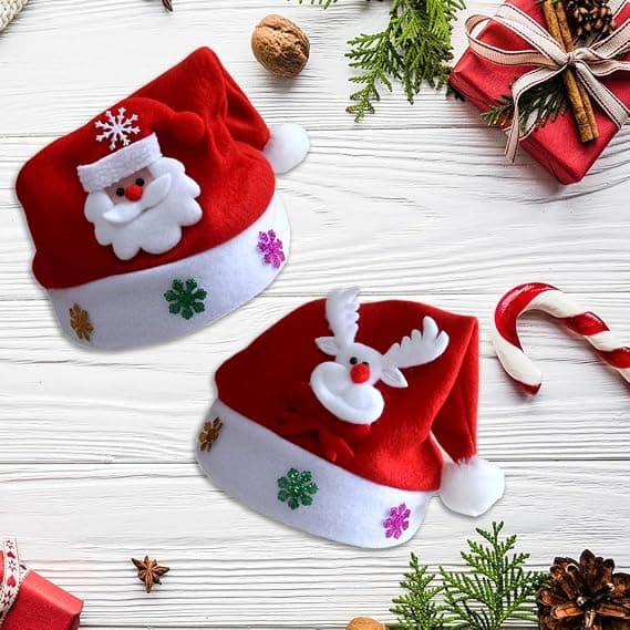 Rød Julehat, Julemandshat, Julehat til Børn, Julepynt, 2 Stykker (Gammel Mand + Hjort)