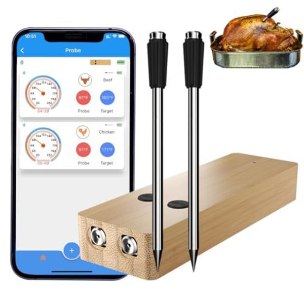 BBQ Kjøtttermometer Trådløst Smart Mattermometer for Ovn Røyker Grill Rotisseri - Dobbel nål