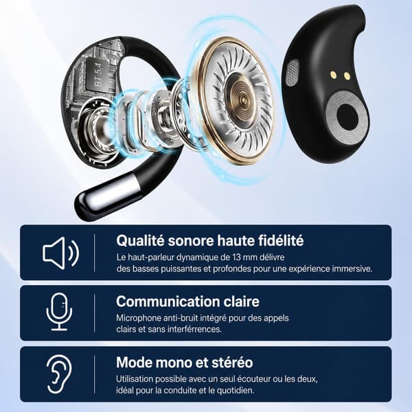 Trådløse Bluetooth-ørepropper, åpne sportshodetelefoner, benledningstil, Bluetooth 5.4, IPX7, 50 timers batterilevetid