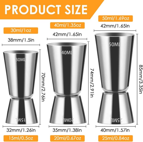 Cocktail Jigger, rostfritt stål, mätkopp, 6 storlekar, dubbelsidiga vinmätkoppar 15-20-25-30-40-50 ml